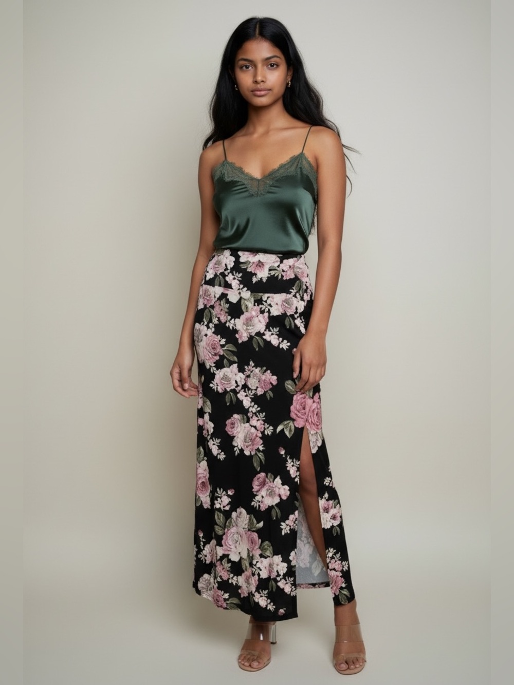 Floral Maxi Skirt with Side Slit - Black / Pink